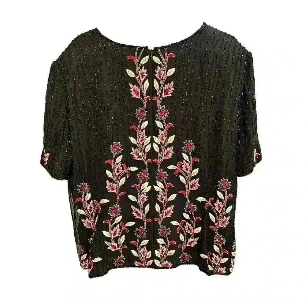 - Vintage Adrianna Papell Silk Embroidered Beaded Floral Blouse Size 3X, P… - Picture 6 of 9